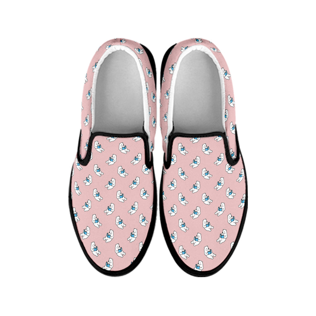 Polar Bear Reading Book Pattern Print Black Slip On Shoes