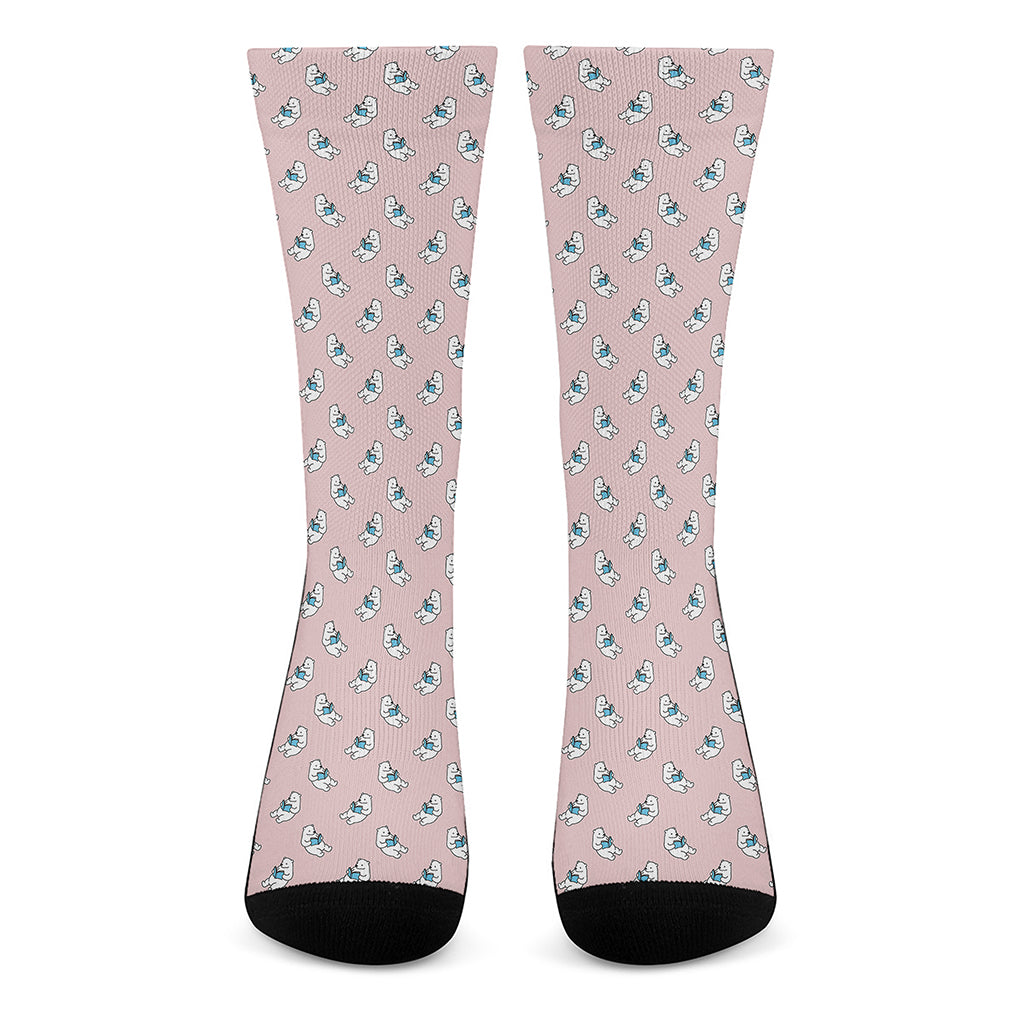 Polar Bear Reading Book Pattern Print Crew Socks