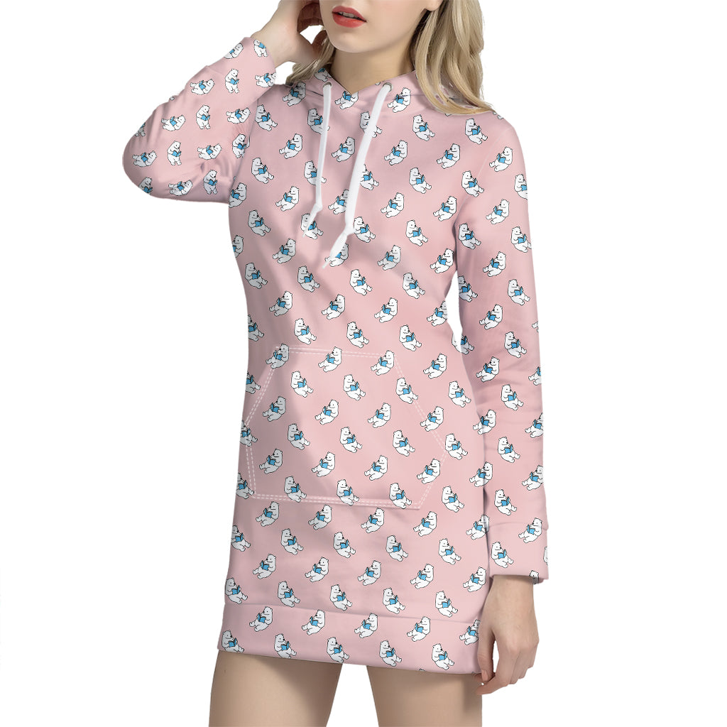 Polar Bear Reading Book Pattern Print Hoodie Dress