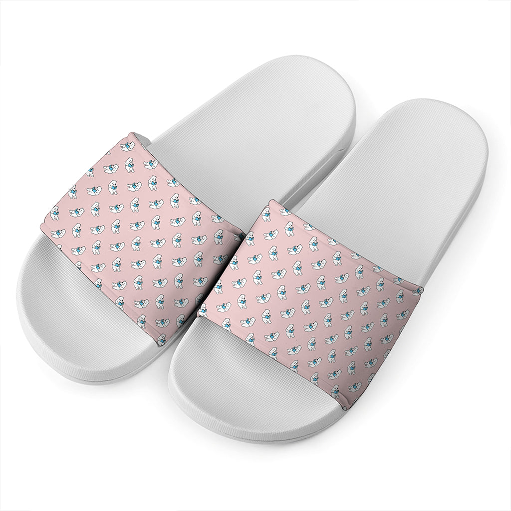 Polar Bear Reading Book Pattern Print White Slide Sandals