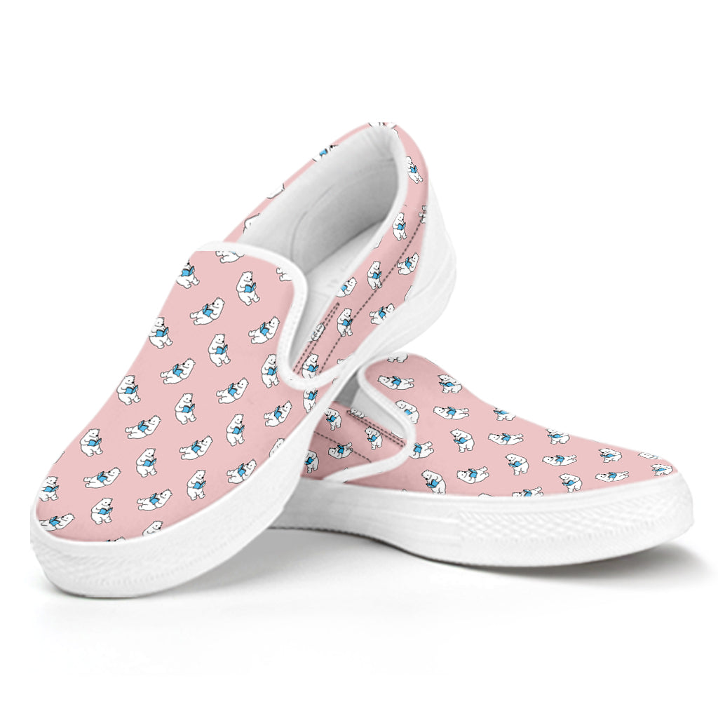 Polar Bear Reading Book Pattern Print White Slip On Shoes