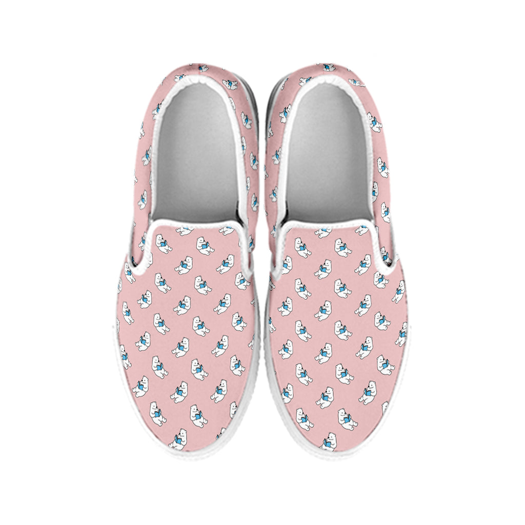 Polar Bear Reading Book Pattern Print White Slip On Shoes