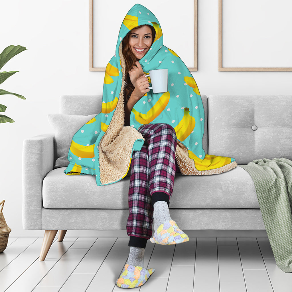 Polka Dot Banana Pattern Print Hooded Blanket