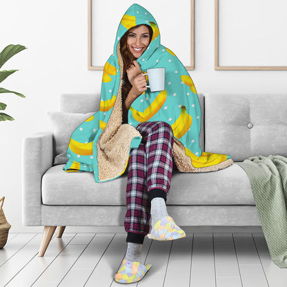 Polka Dot Banana Pattern Print Hooded Blanket