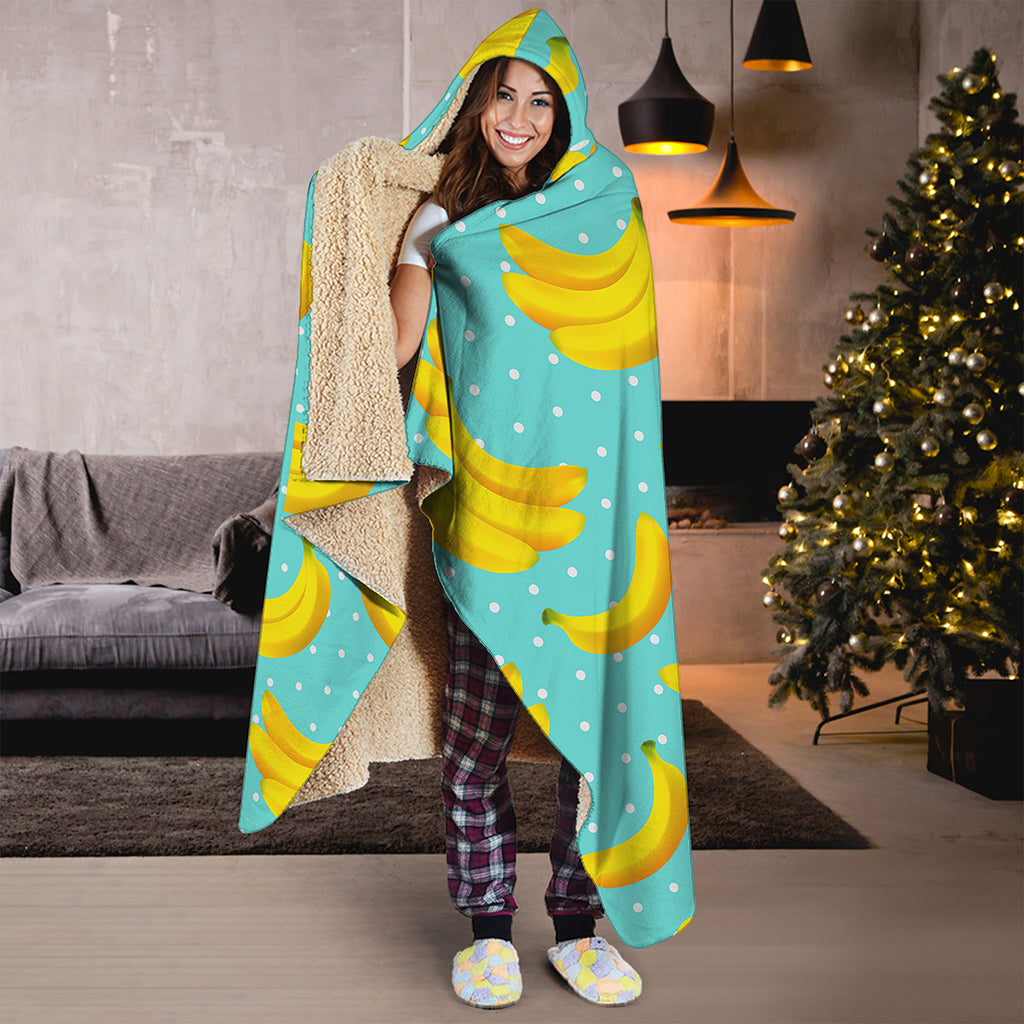 Polka Dot Banana Pattern Print Hooded Blanket