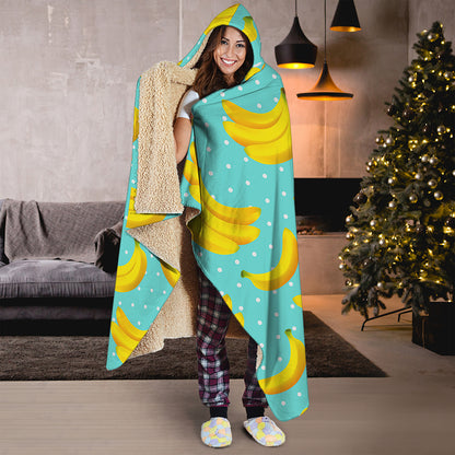 Polka Dot Banana Pattern Print Hooded Blanket