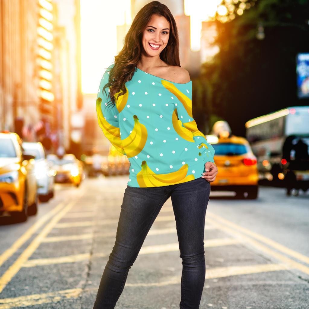 Polka Dot Banana Pattern Print Off Shoulder Sweatshirt GearFrost