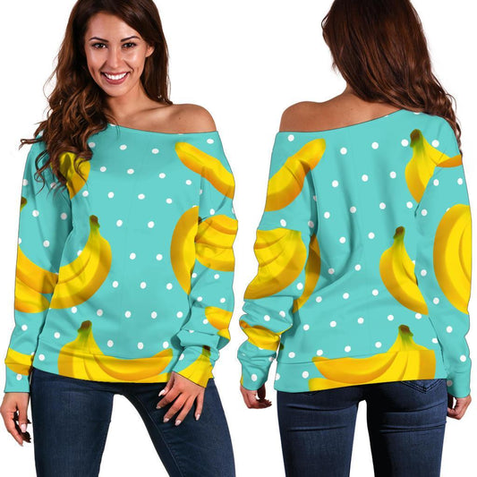 Polka Dot Banana Pattern Print Off Shoulder Sweatshirt GearFrost