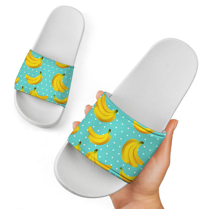 Polka Dot Banana Pattern Print White Slide Sandals