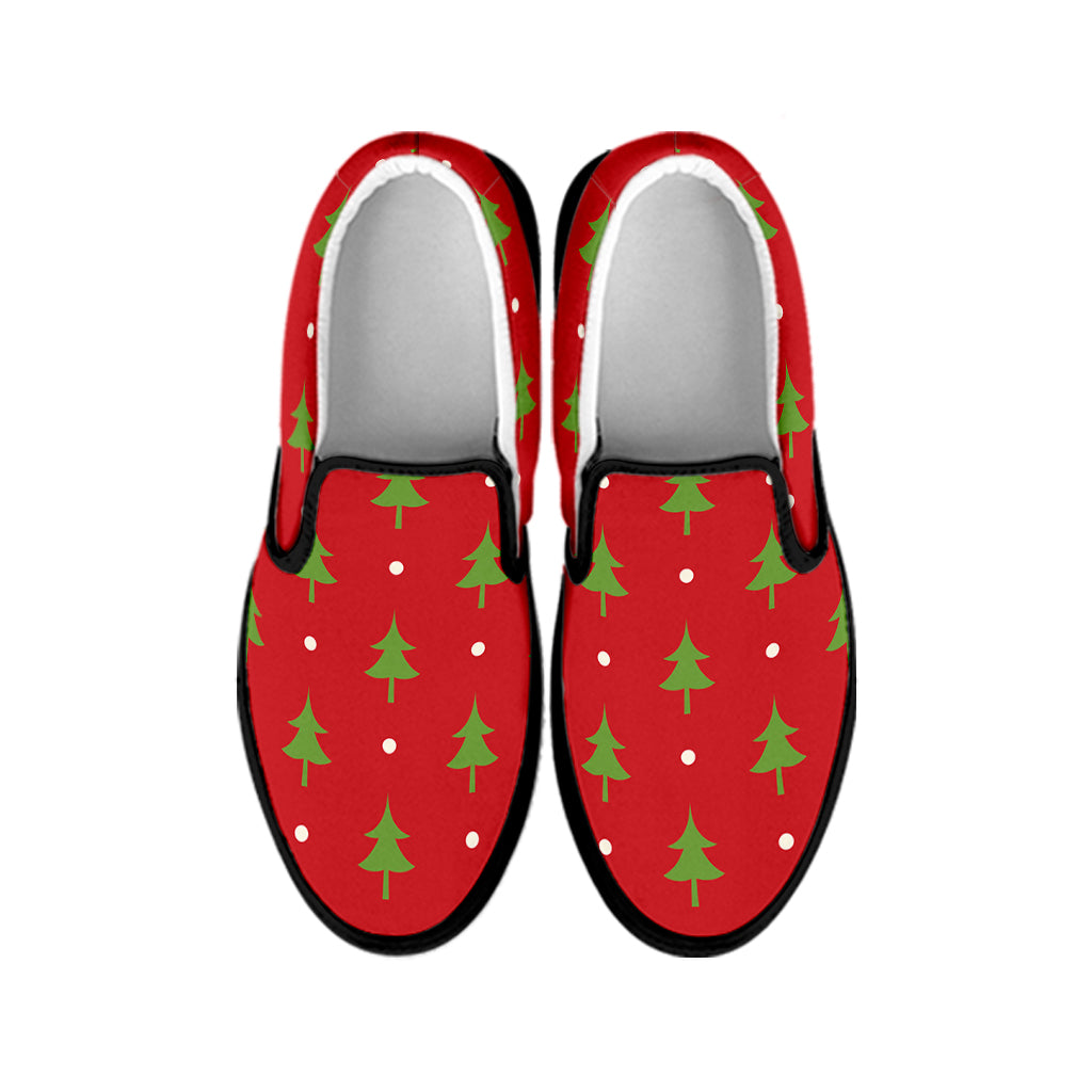 Polka Dot Christmas Tree Pattern Print Black Slip On Shoes