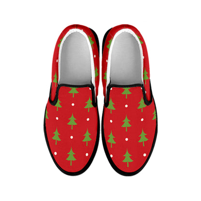 Polka Dot Christmas Tree Pattern Print Black Slip On Shoes