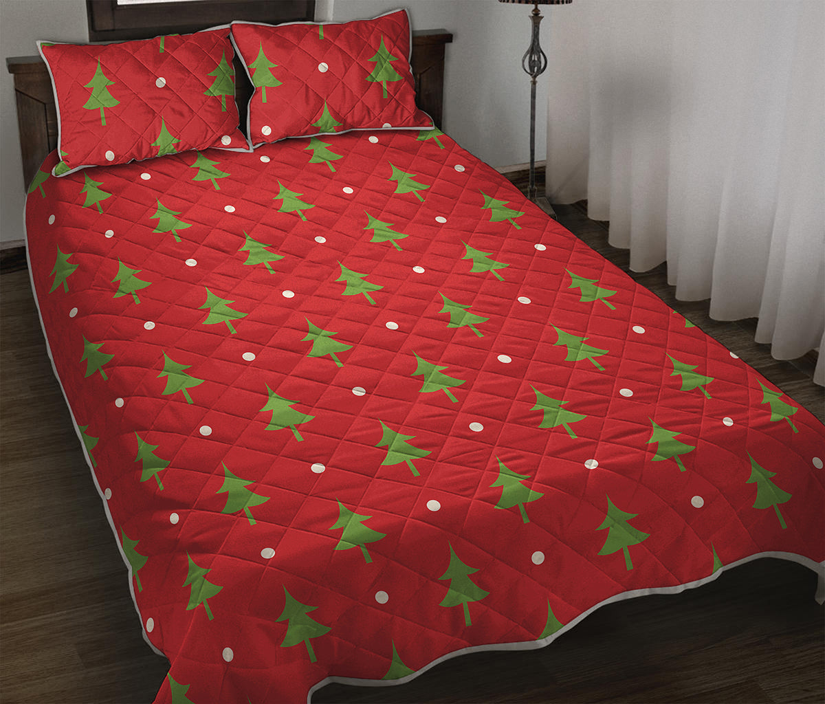 Polka Dot Christmas Tree Pattern Print Quilt Bed Set