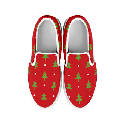 Polka Dot Christmas Tree Pattern Print White Slip On Shoes