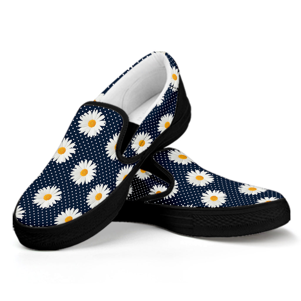 Polka Dot Daisy Floral Pattern Print Black Slip On Shoes