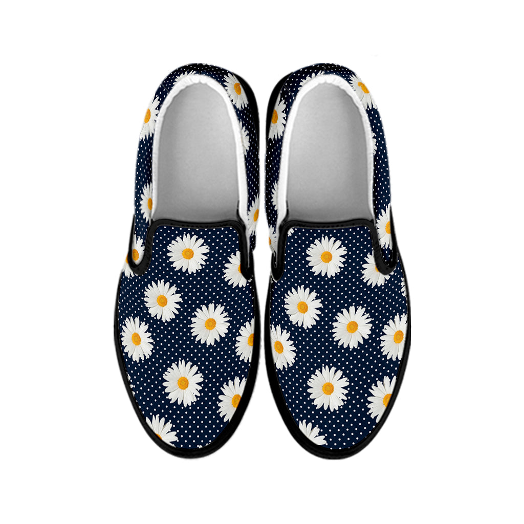 Polka Dot Daisy Floral Pattern Print Black Slip On Shoes