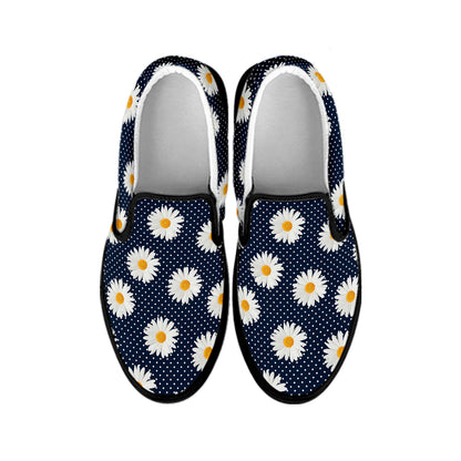 Polka Dot Daisy Floral Pattern Print Black Slip On Shoes