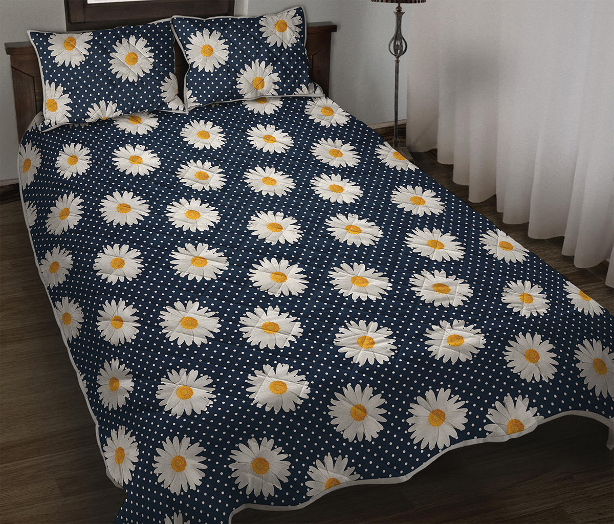 Polka Dot Daisy Floral Pattern Print Quilt Bed Set
