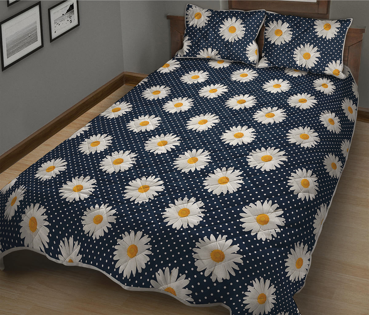 Polka Dot Daisy Floral Pattern Print Quilt Bed Set
