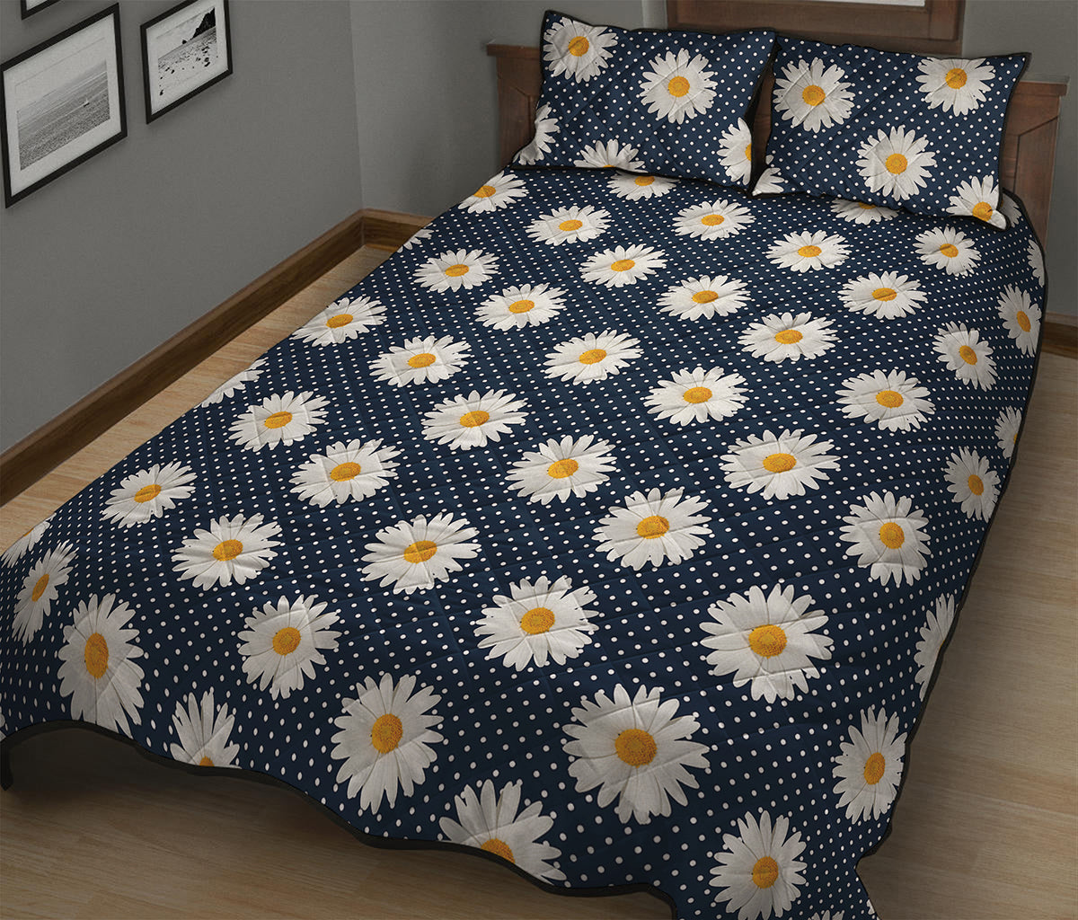 Polka Dot Daisy Floral Pattern Print Quilt Bed Set