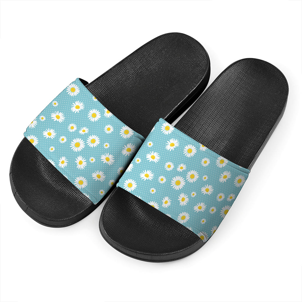 Polka Dot Daisy Flower Pattern Print Black Slide Sandals