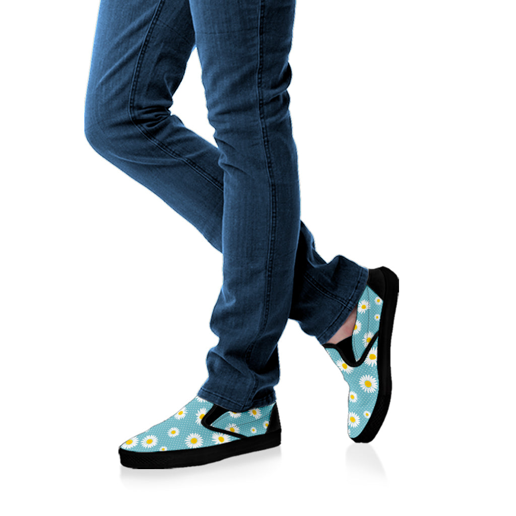 Polka Dot Daisy Flower Pattern Print Black Slip On Shoes