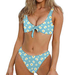 Polka Dot Daisy Flower Pattern Print Front Bow Tie Bikini