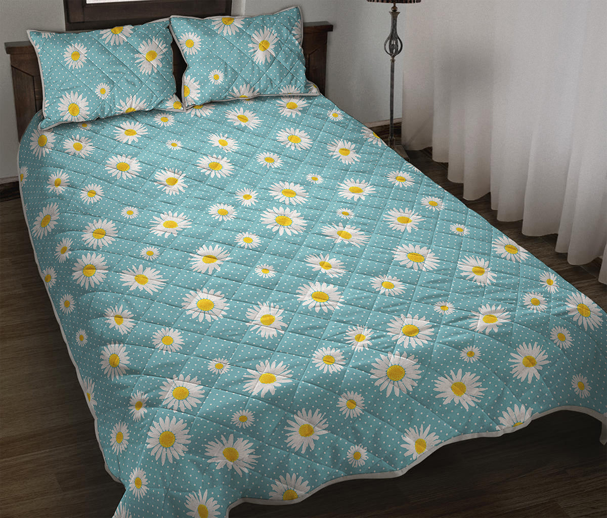 Polka Dot Daisy Flower Pattern Print Quilt Bed Set
