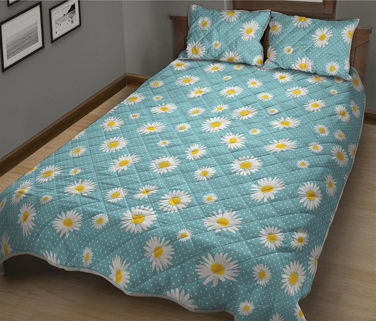 Polka Dot Daisy Flower Pattern Print Quilt Bed Set