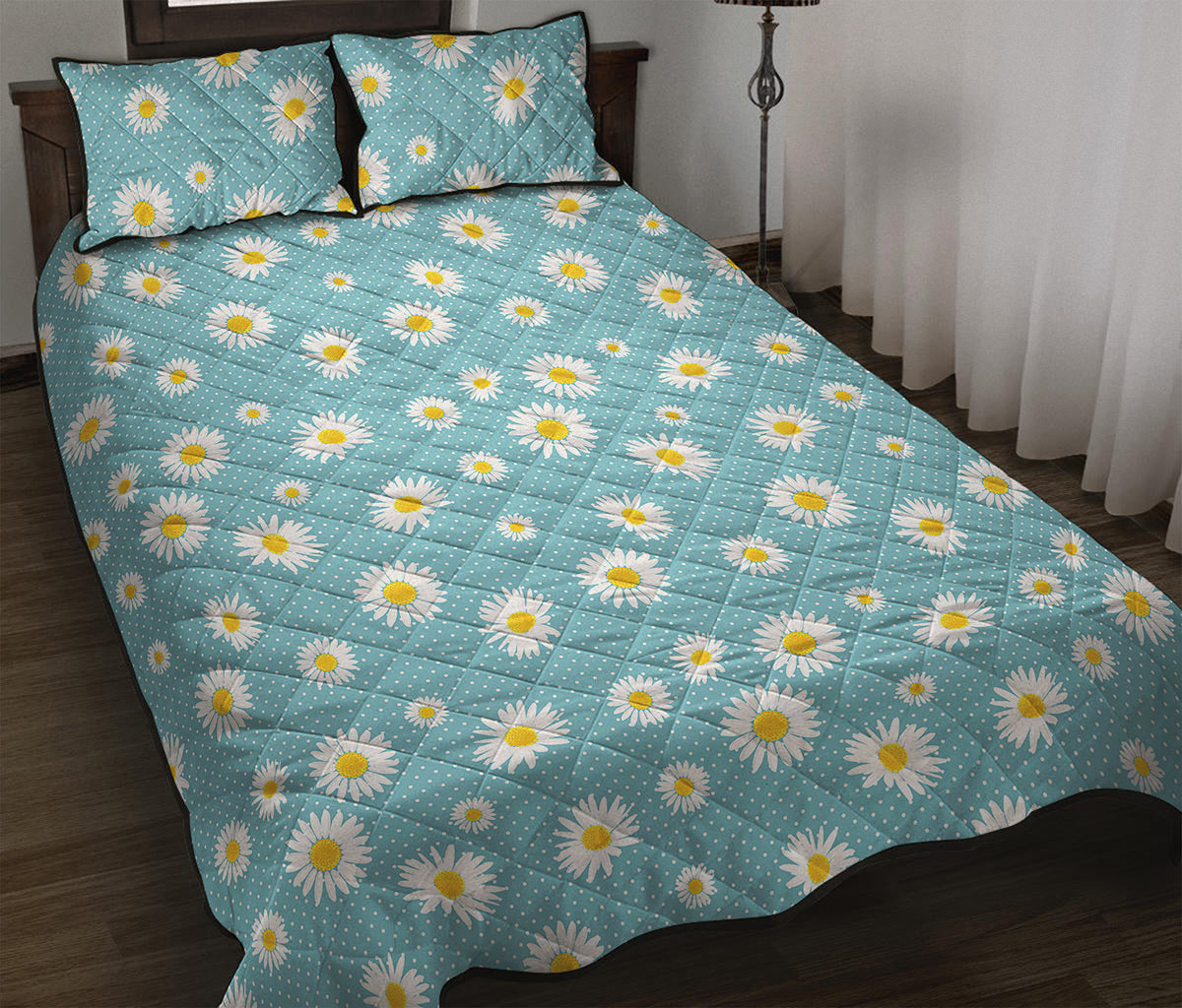 Polka Dot Daisy Flower Pattern Print Quilt Bed Set