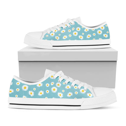 Polka Dot Daisy Flower Pattern Print White Low Top Shoes