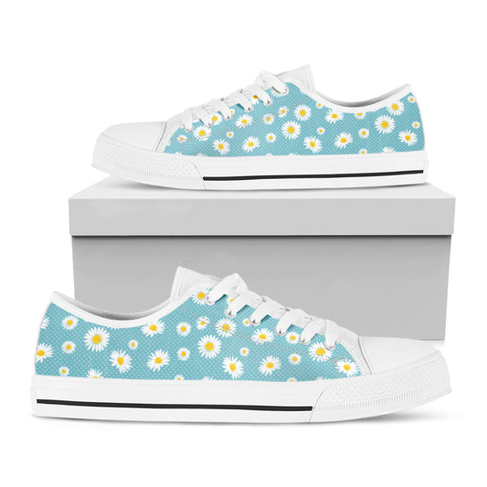 Polka Dot Daisy Flower Pattern Print White Low Top Shoes