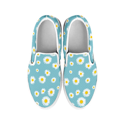 Polka Dot Daisy Flower Pattern Print White Slip On Shoes