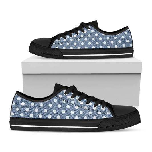 Polka Dot Denim Jeans Pattern Print Black Low Top Shoes