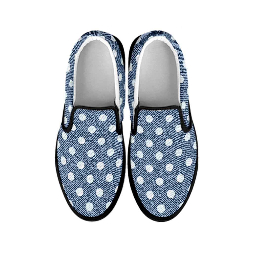 Polka Dot Denim Jeans Pattern Print Black Slip On Shoes