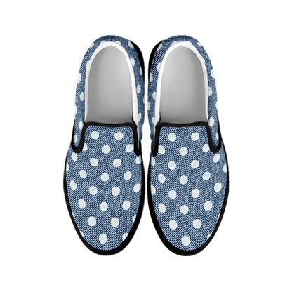 Polka Dot Denim Jeans Pattern Print Black Slip On Shoes