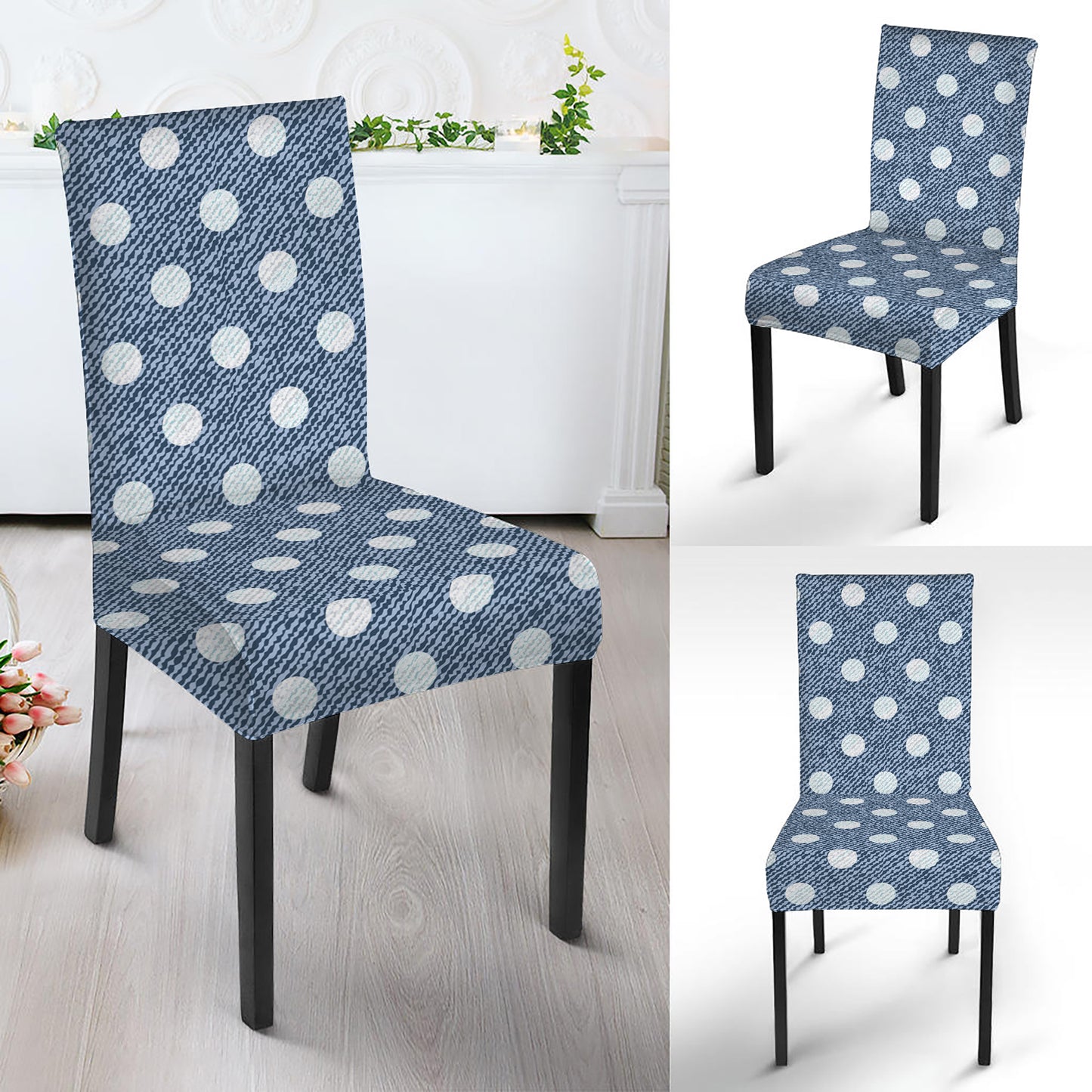 Polka Dot Denim Jeans Pattern Print Dining Chair Slipcover