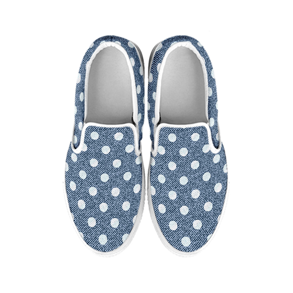 Polka Dot Denim Jeans Pattern Print White Slip On Shoes