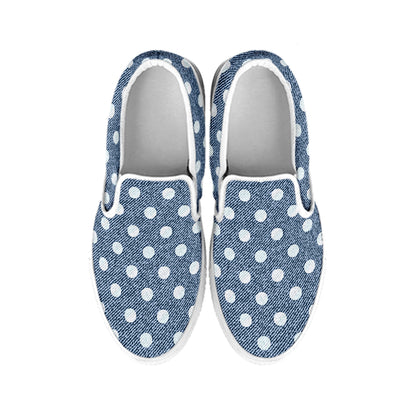 Polka Dot Denim Jeans Pattern Print White Slip On Shoes