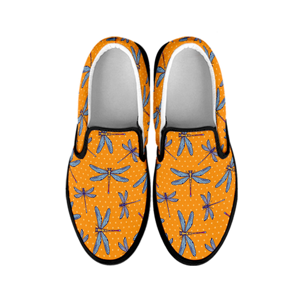 Polka Dot Dragonfly Pattern Print Black Slip On Shoes