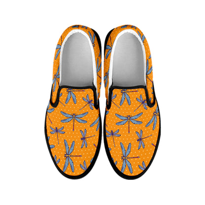 Polka Dot Dragonfly Pattern Print Black Slip On Shoes