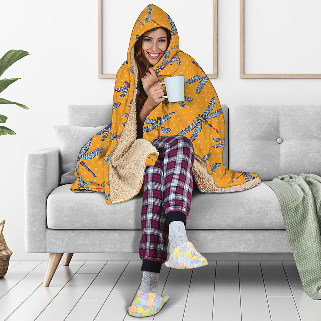 Polka Dot Dragonfly Pattern Print Hooded Blanket