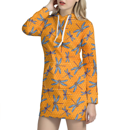 Polka Dot Dragonfly Pattern Print Hoodie Dress