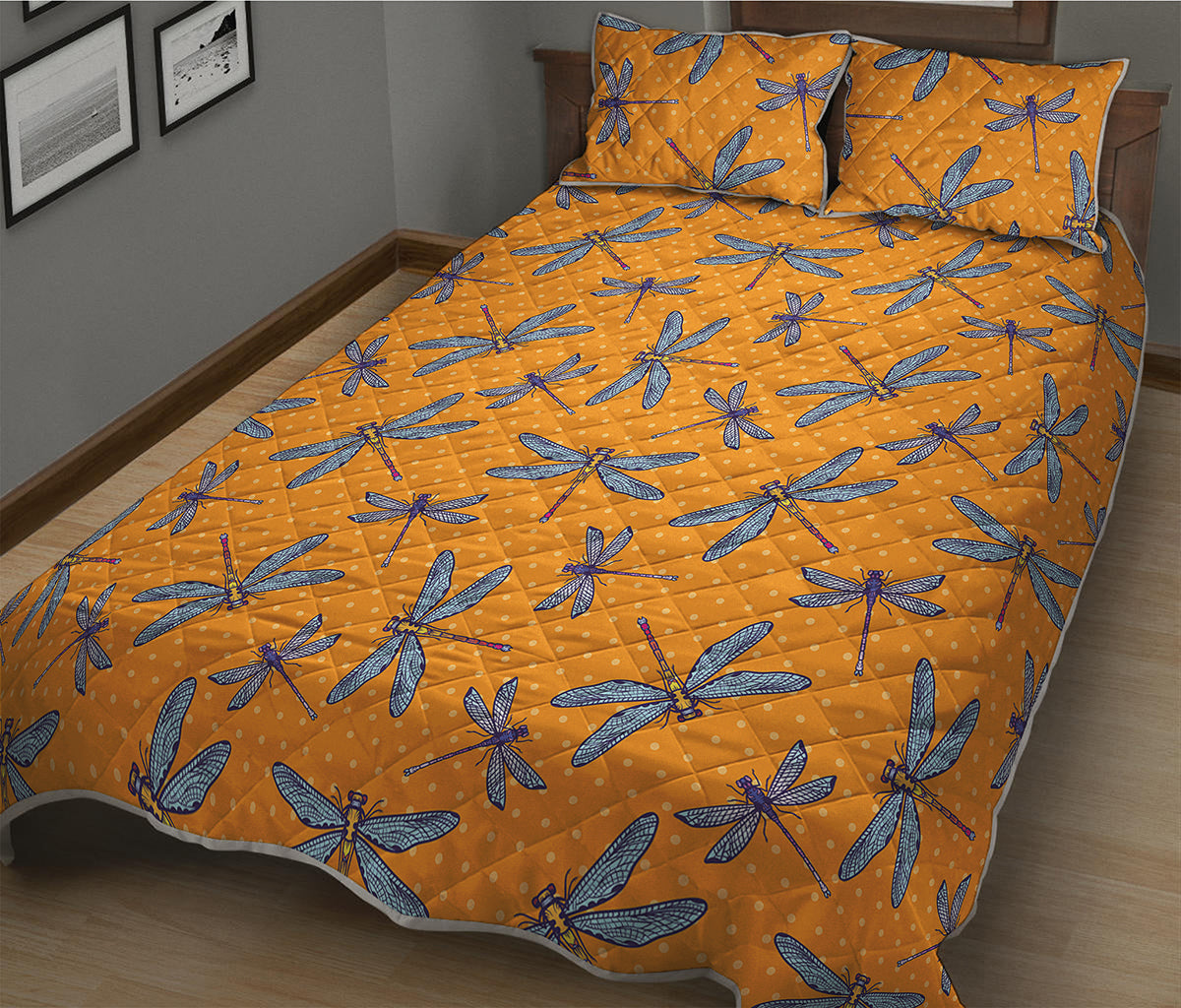 Polka Dot Dragonfly Pattern Print Quilt Bed Set