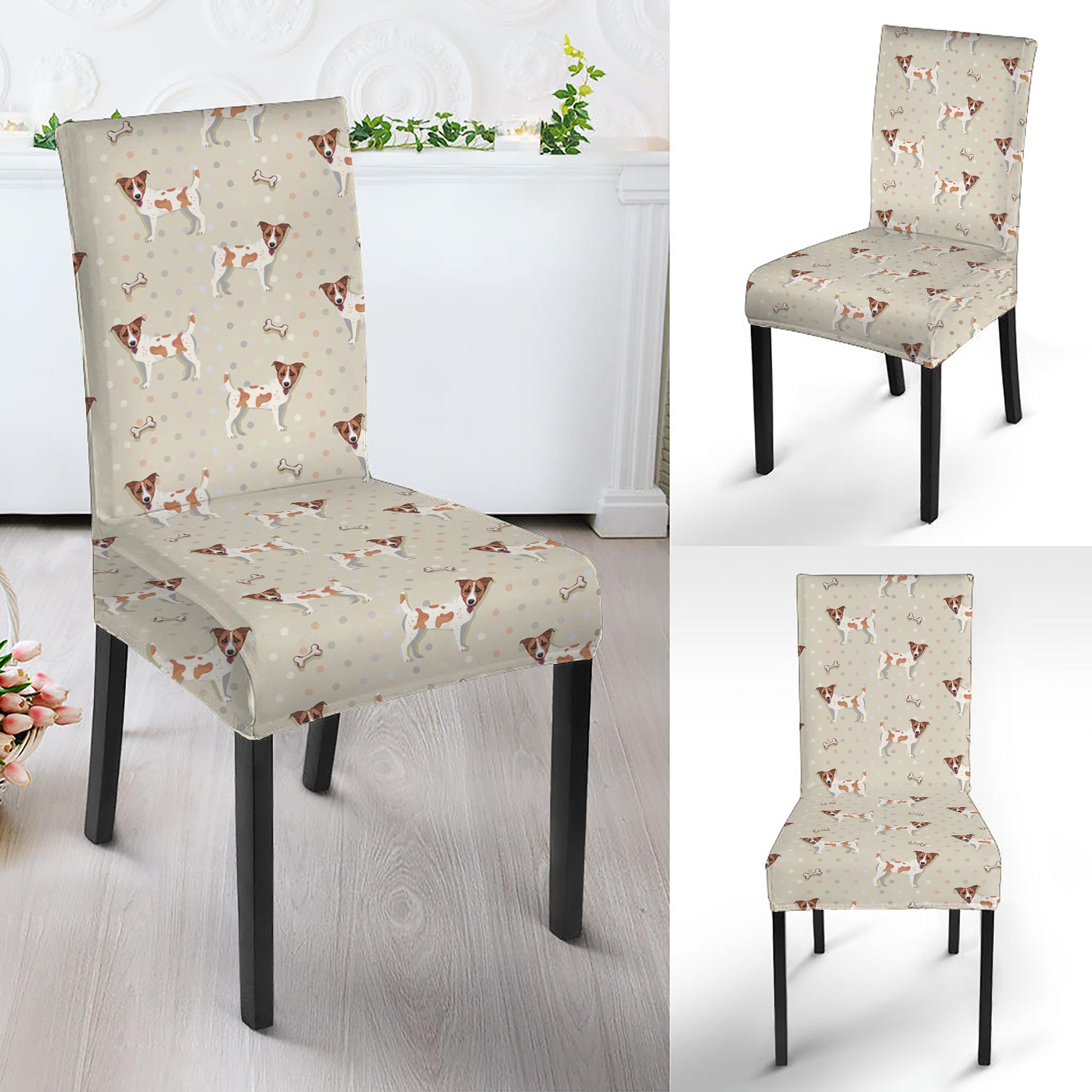 Polka Dot Jack Russell Terrier Print Dining Chair Slipcover
