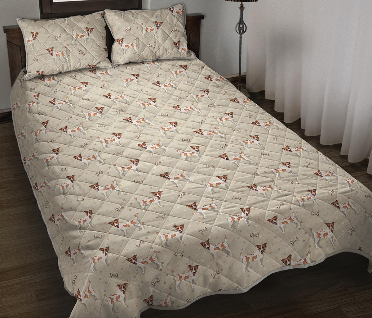 Polka Dot Jack Russell Terrier Print Quilt Bed Set