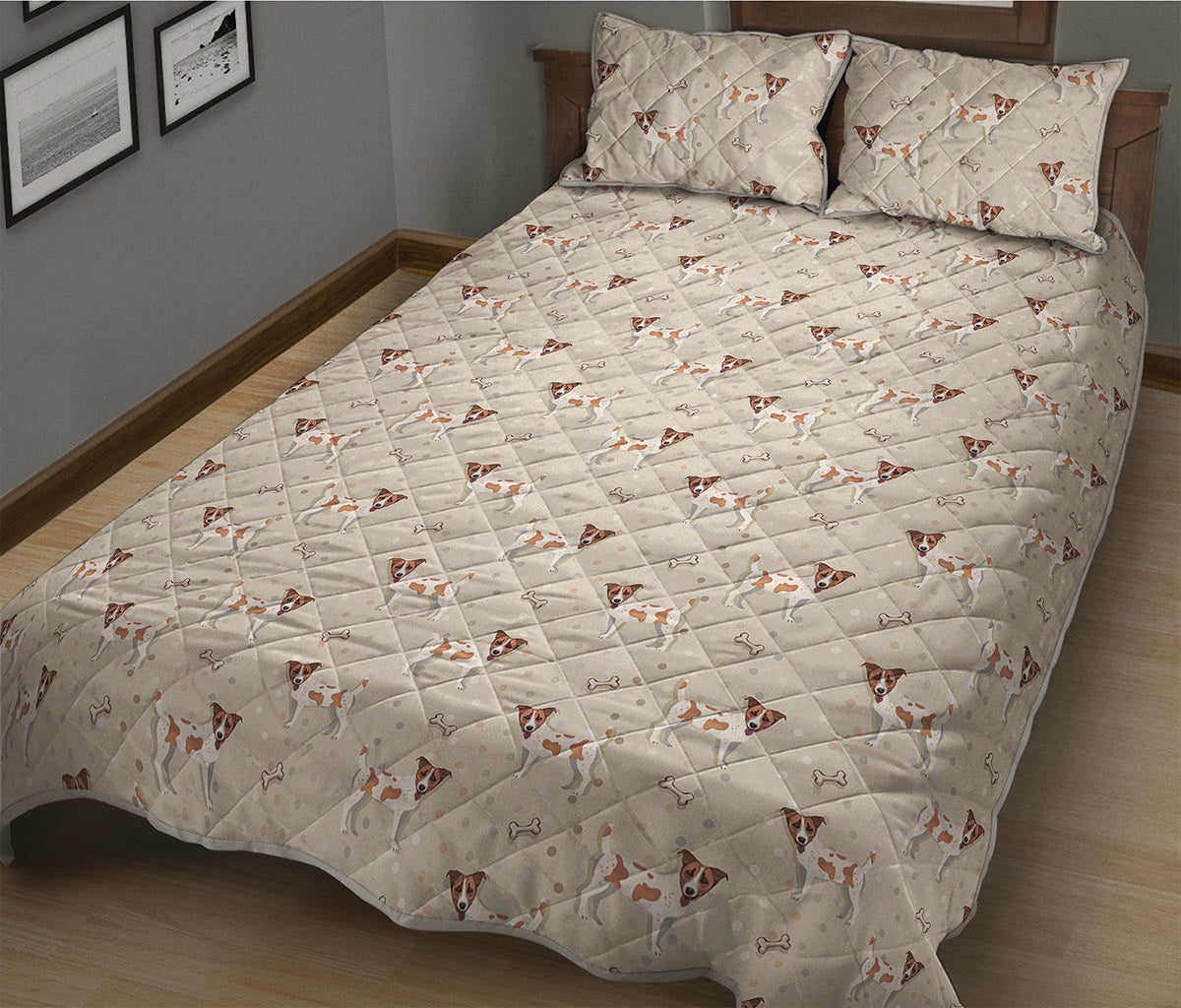 Polka Dot Jack Russell Terrier Print Quilt Bed Set