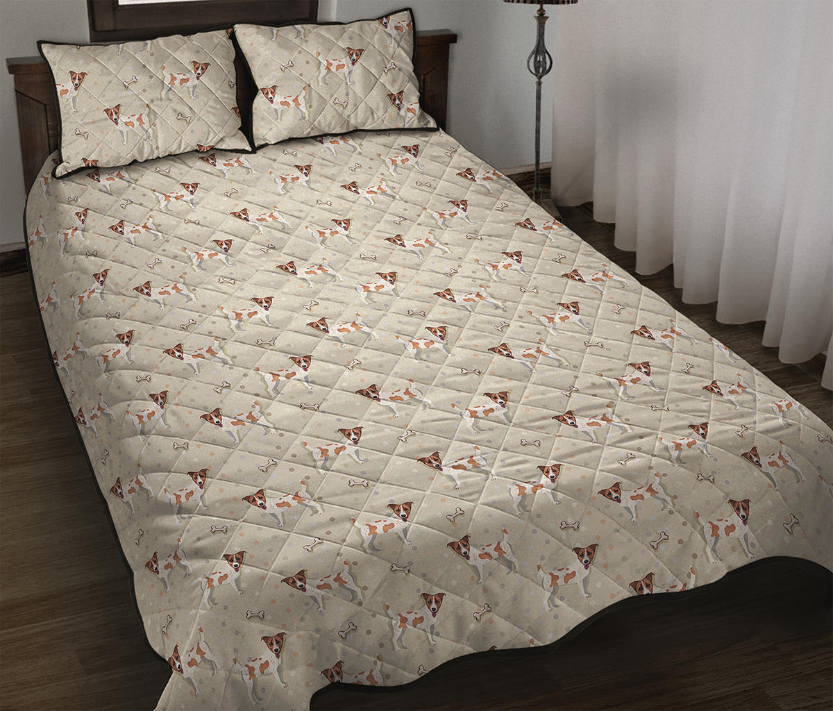 Polka Dot Jack Russell Terrier Print Quilt Bed Set