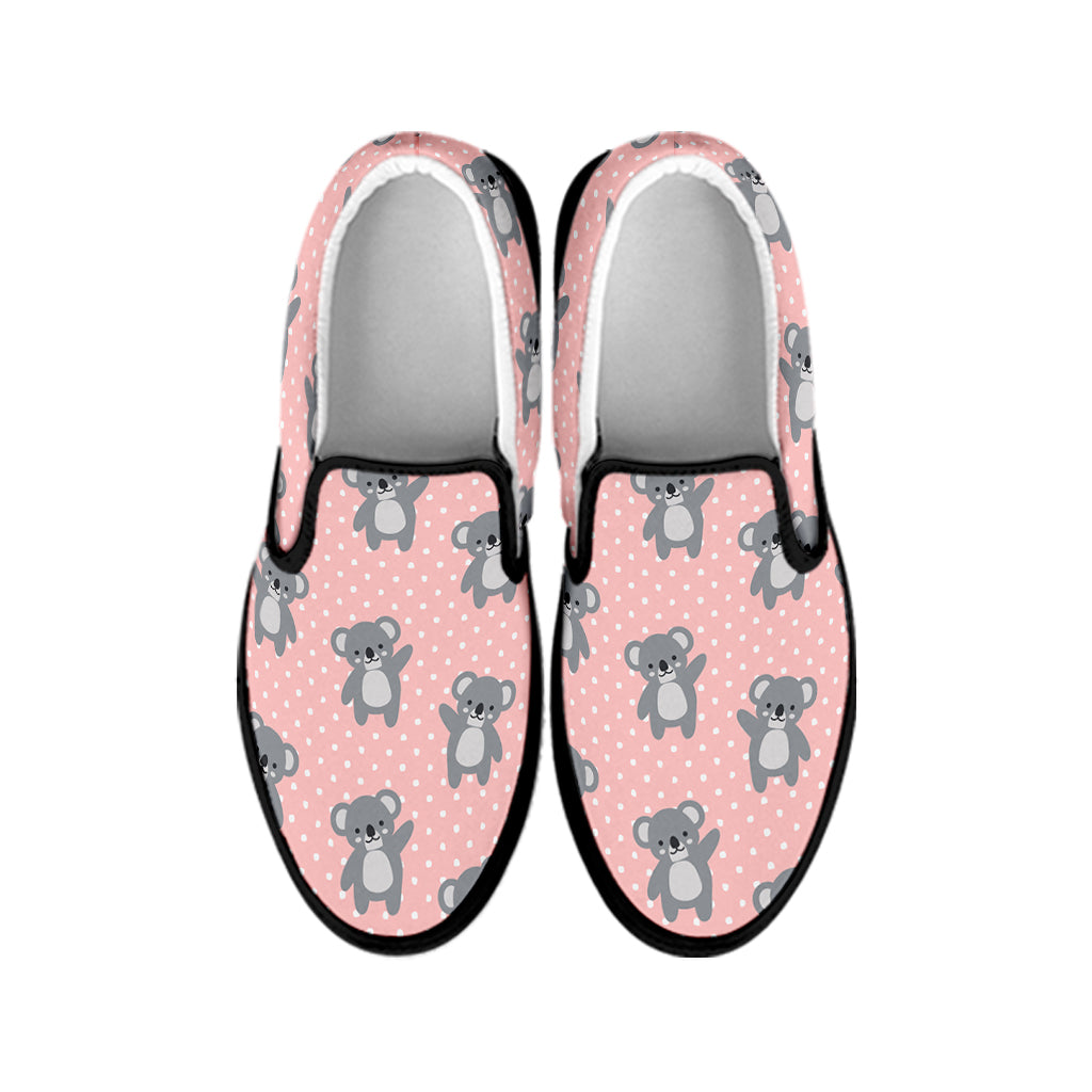 Polka Dot Koala Pattern Print Black Slip On Shoes