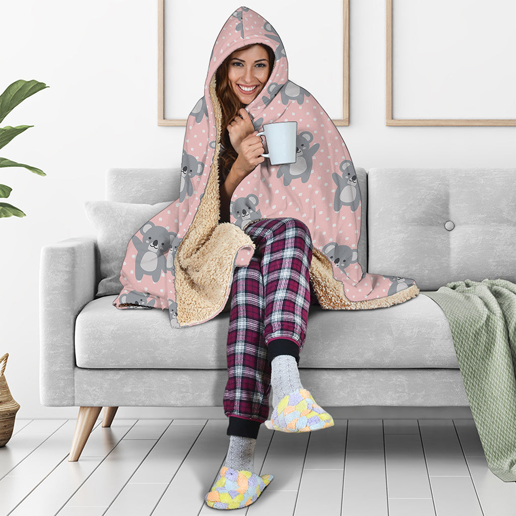 Polka Dot Koala Pattern Print Hooded Blanket
