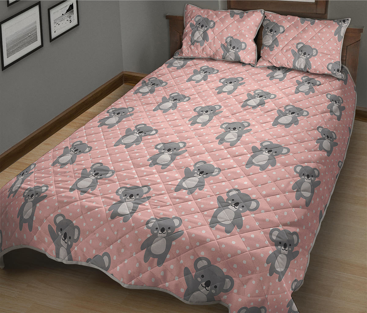 Polka Dot Koala Pattern Print Quilt Bed Set